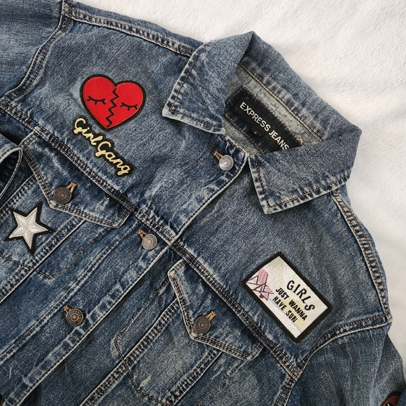 EXPRESS Medium Wash Vintage Inspired‎ Oversized Jean Denim Jacket Patches Small - Picture 1 of 12